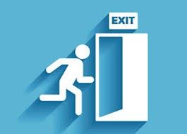 A man is running out of an exit sign on a blue background.