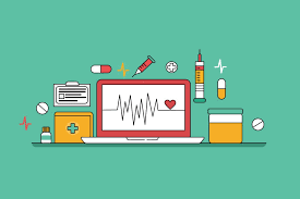 A laptop computer with a heartbeat on the screen surrounded by medical icons.