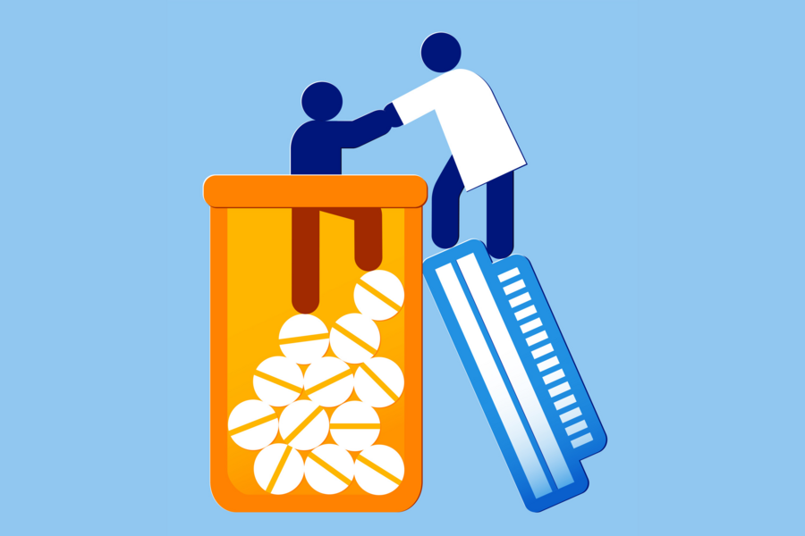 A man is helping another man out of a bottle of pills.