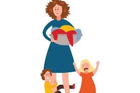 A woman is holding a basket of clothes and two children are crying.