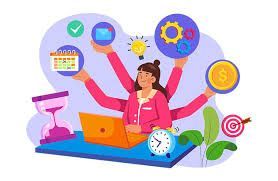 A woman with many hands is sitting at a desk with a laptop.