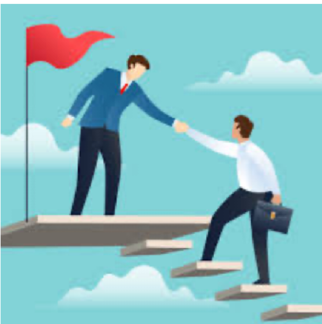 A man is helping another man climb a set of stairs.