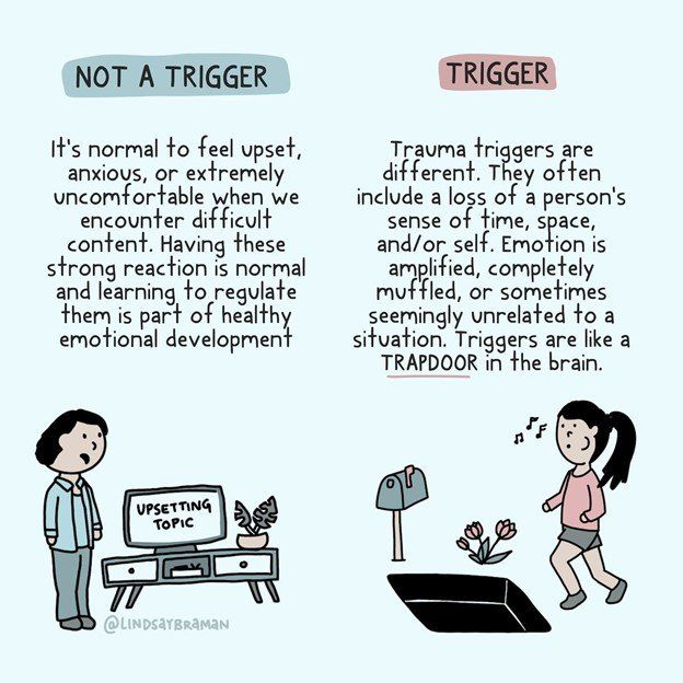 A cartoon of a man and a woman talking about triggers