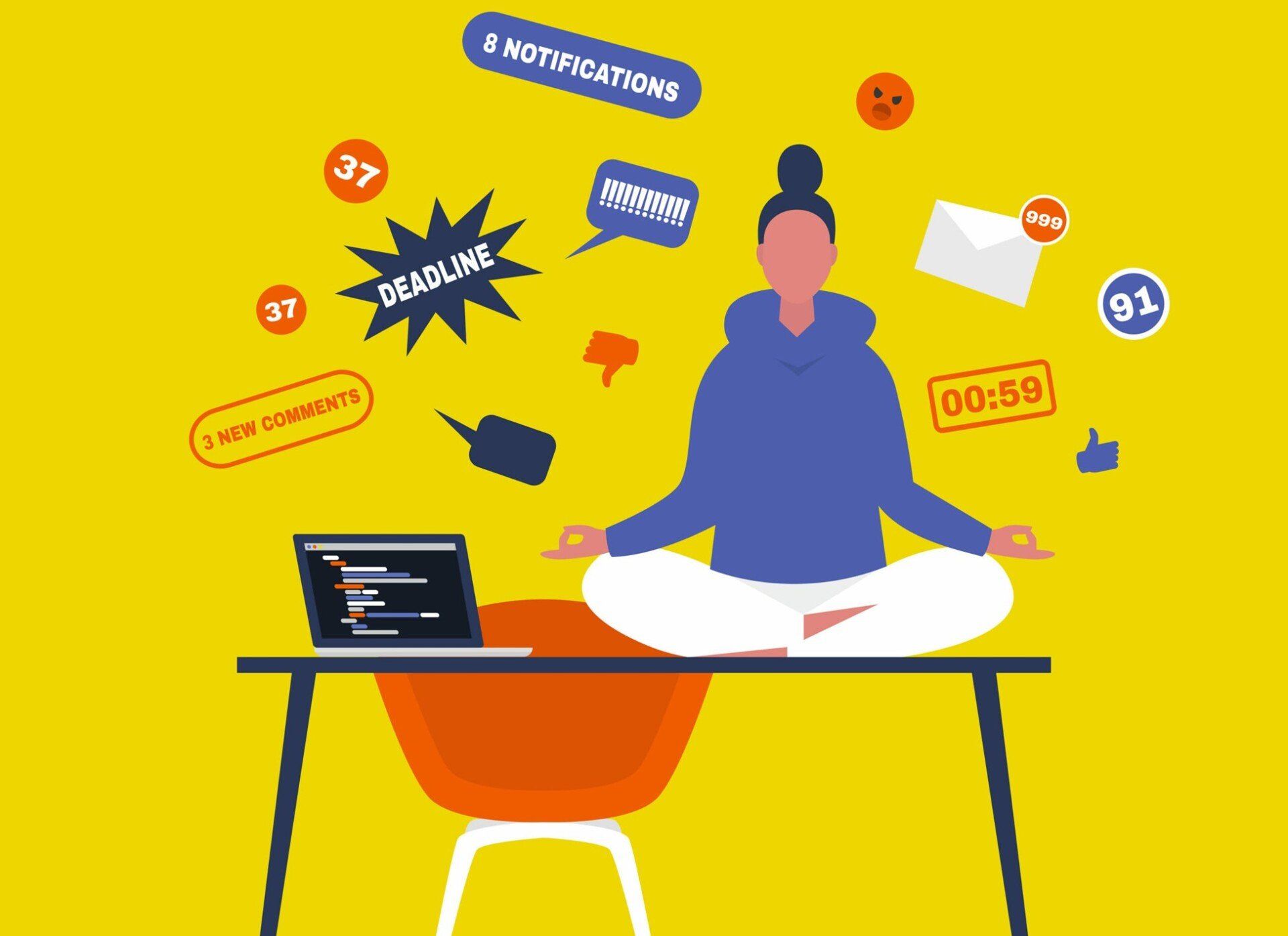 A woman is sitting in a lotus position at a desk with a laptop.