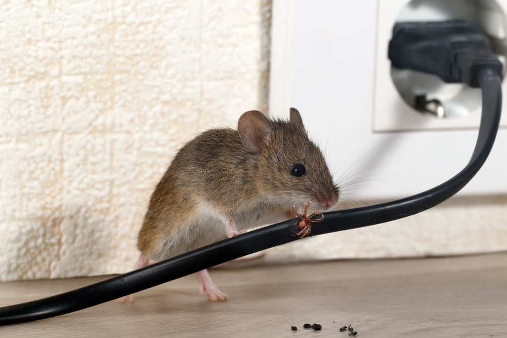 A mouse is eating food from a power cord.