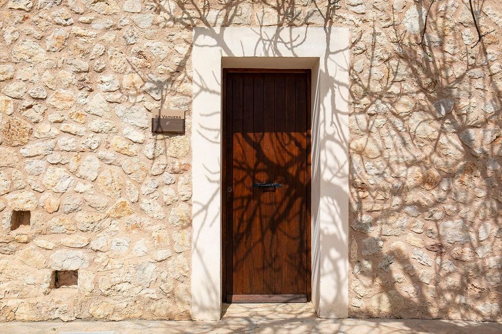 Puerta de madera en muro de piedra con sombra de árbol.