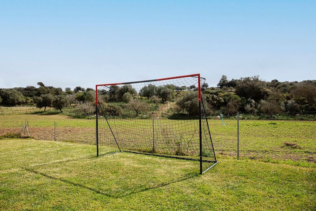 Portería de fútbol en campo de césped, árboles al fondo, cielo azul.