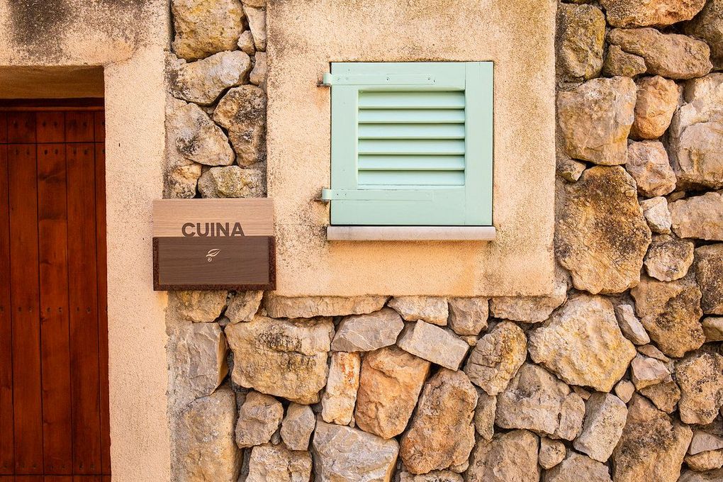 Muro de piedra con puerta de madera marrón, ventana con contraventanas verdes y un buzón.
