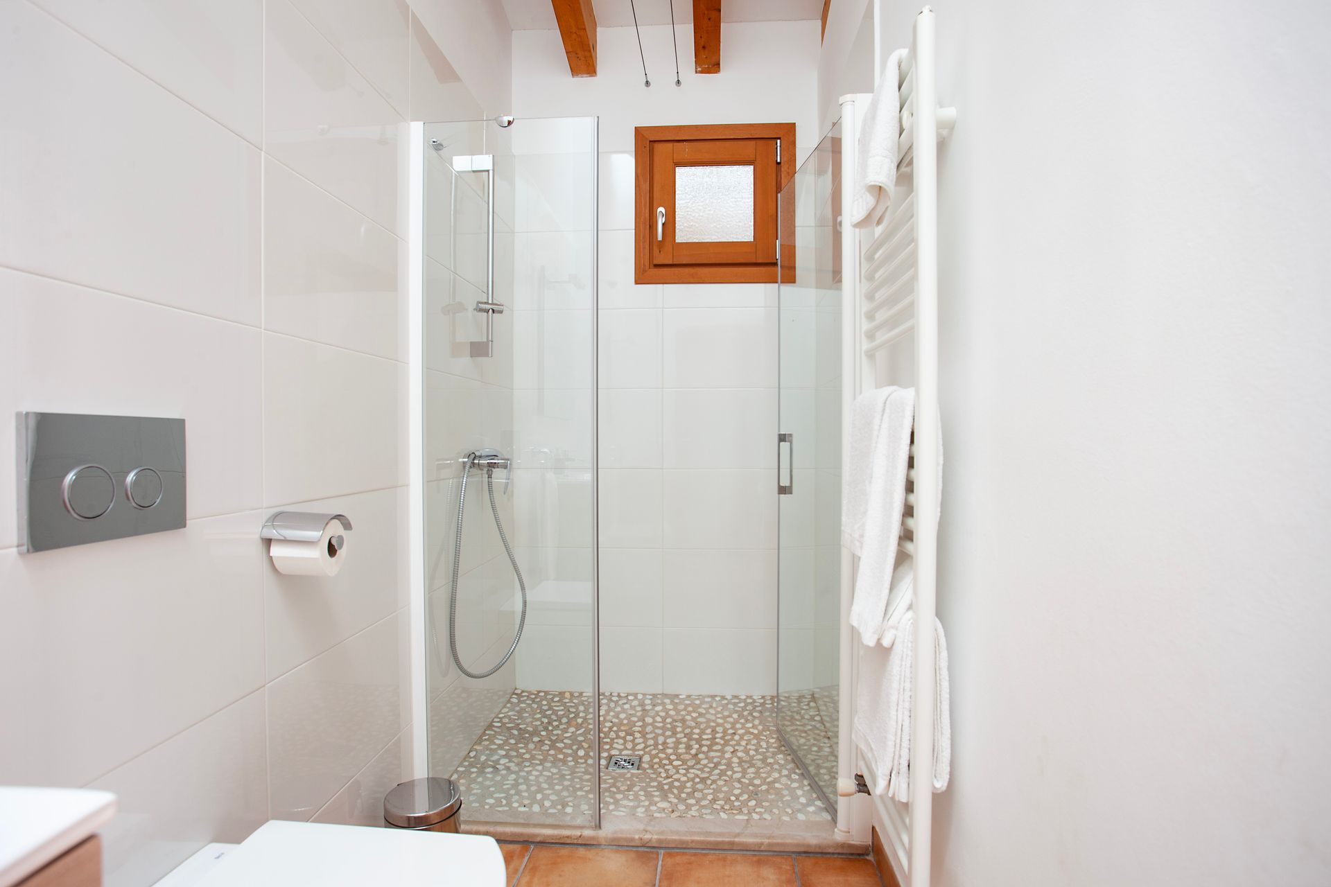 A bathroom with a walk in shower and a toilet.