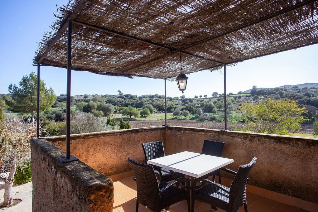 Un patio con una mesa y sillas bajo un dosel.