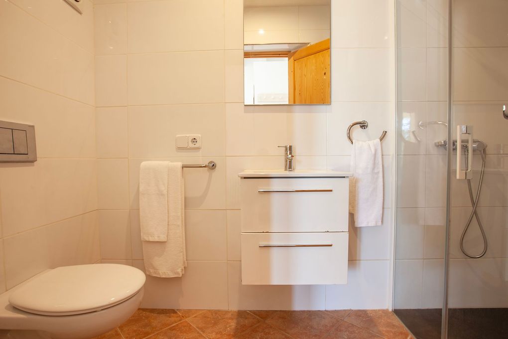 Un baño con inodoro, lavabo y ducha.