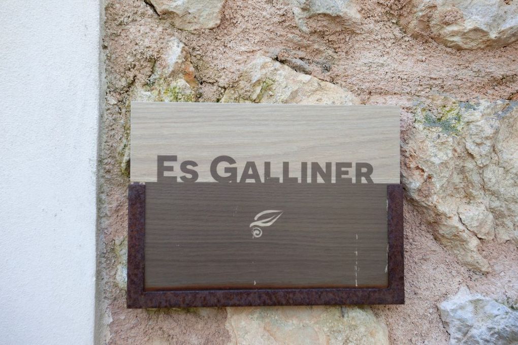 Un cartel de madera en una pared de piedra dice es galliner.