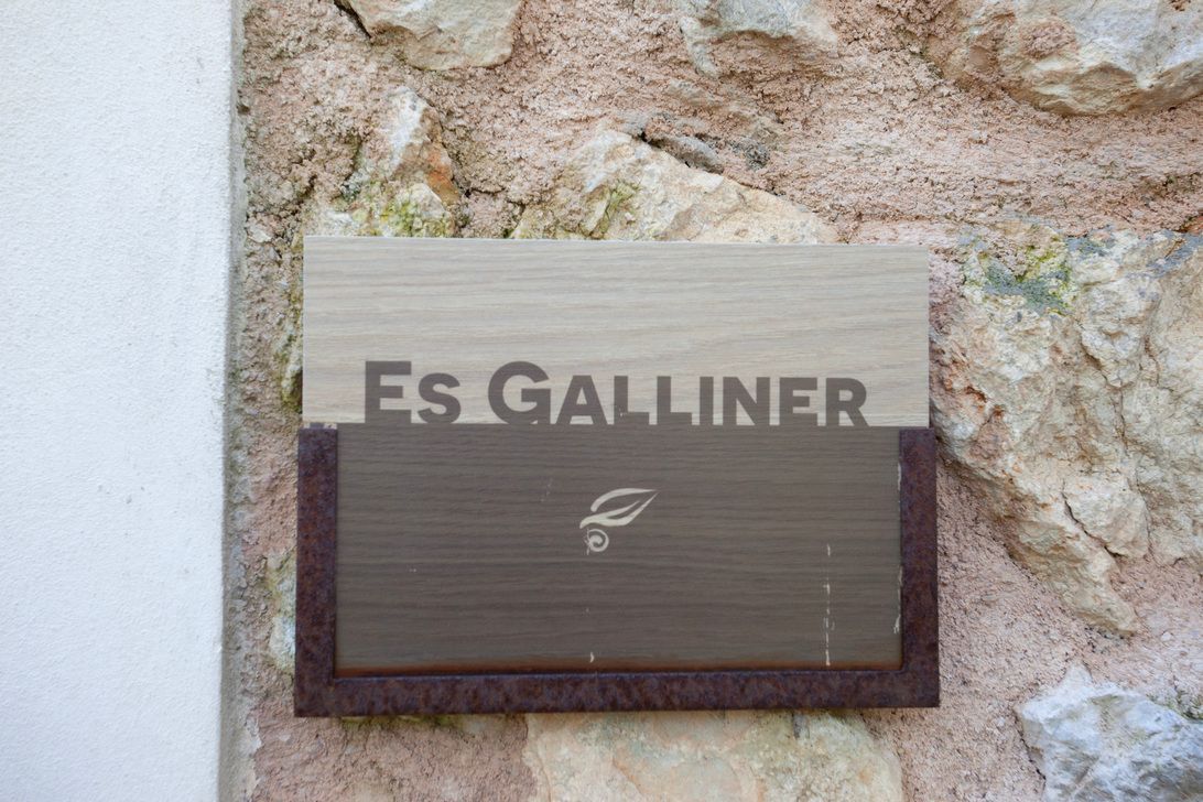 Un cartel de madera en una pared de piedra dice es galliner.