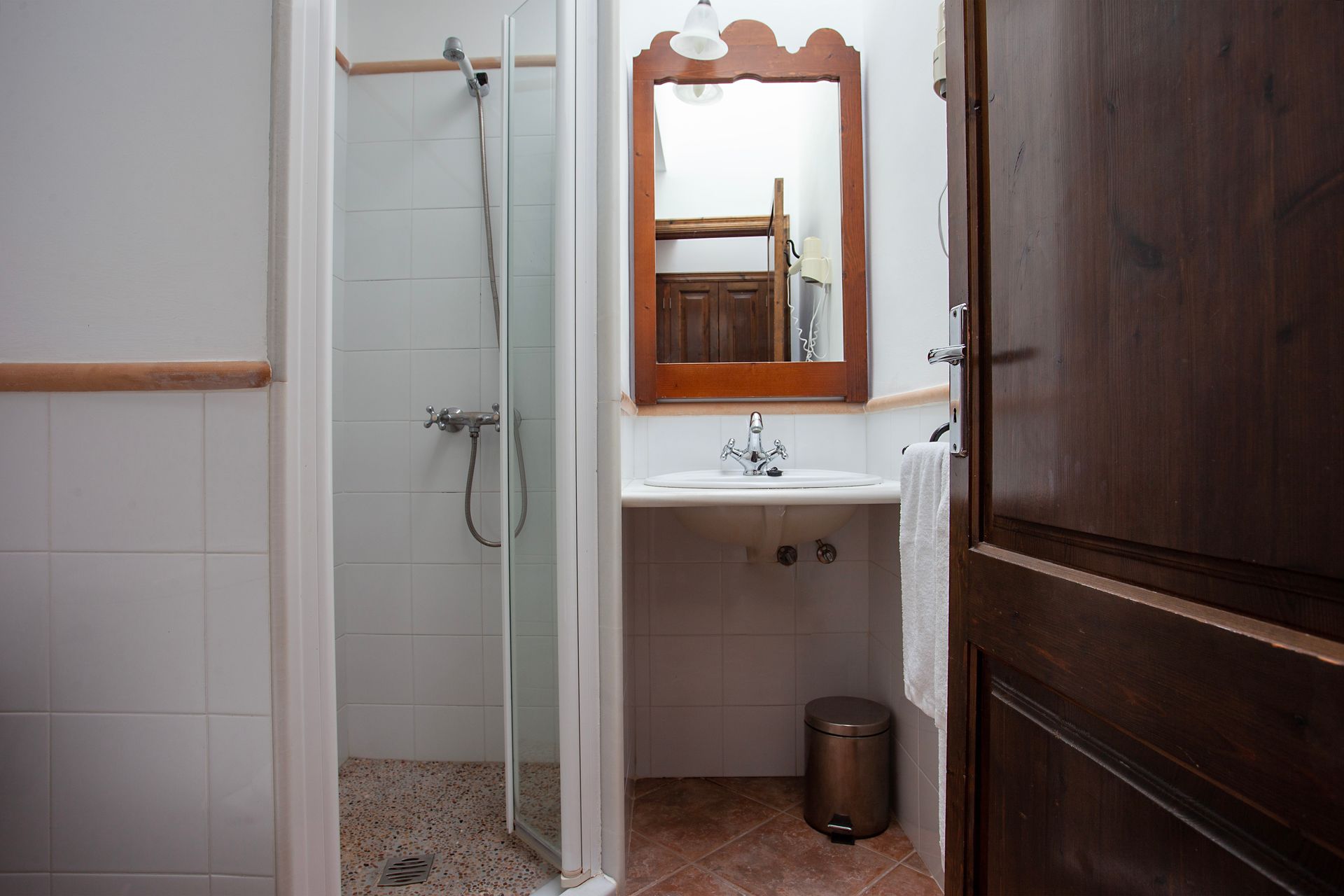 A bathroom with a sink a mirror and a walk in shower