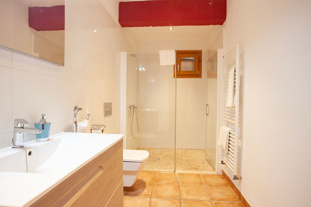 Ein Badezimmer mit Waschbecken, Toilette und ebenerdiger Dusche.