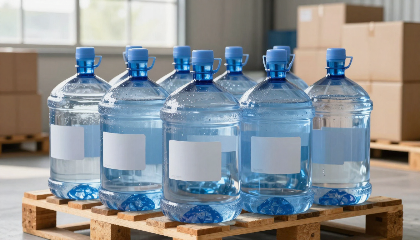 Varias garrafas de agua azules de gran tamaño apiladas sobre palés de madera en un almacén.