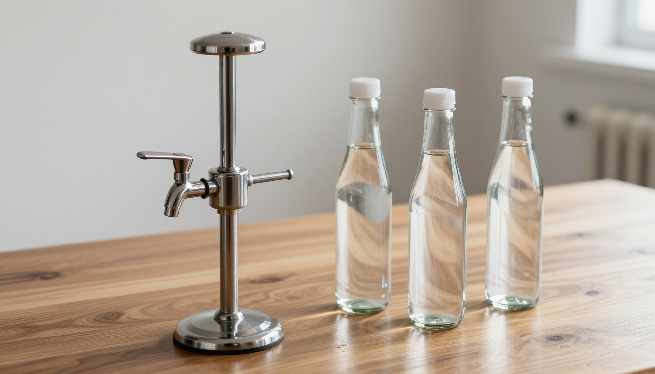 Dispensador de bebidas cromado junto a tres botellas de bebidas transparentes sobre una mesa de madera.