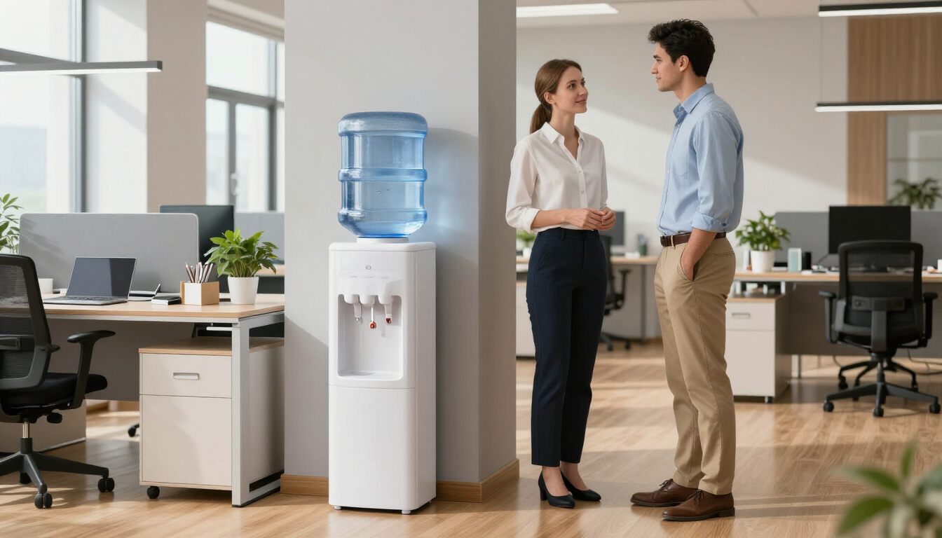 Dos compañeros de trabajo conversando en una oficina luminosa junto a un dispensador de agua y unos escritorios.