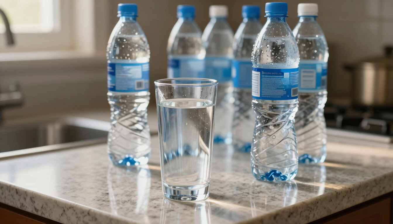 Un vaso de agua sobre la encimera de la cocina, rodeado de varias botellas de agua.