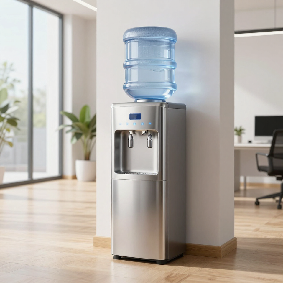 Dispensador de agua de acero inoxidable con botella azul en un rincón luminoso de la oficina.