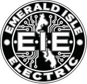 Emerald Isle Electric circular logo with black background, silver lettering, and yellow lightning bolts