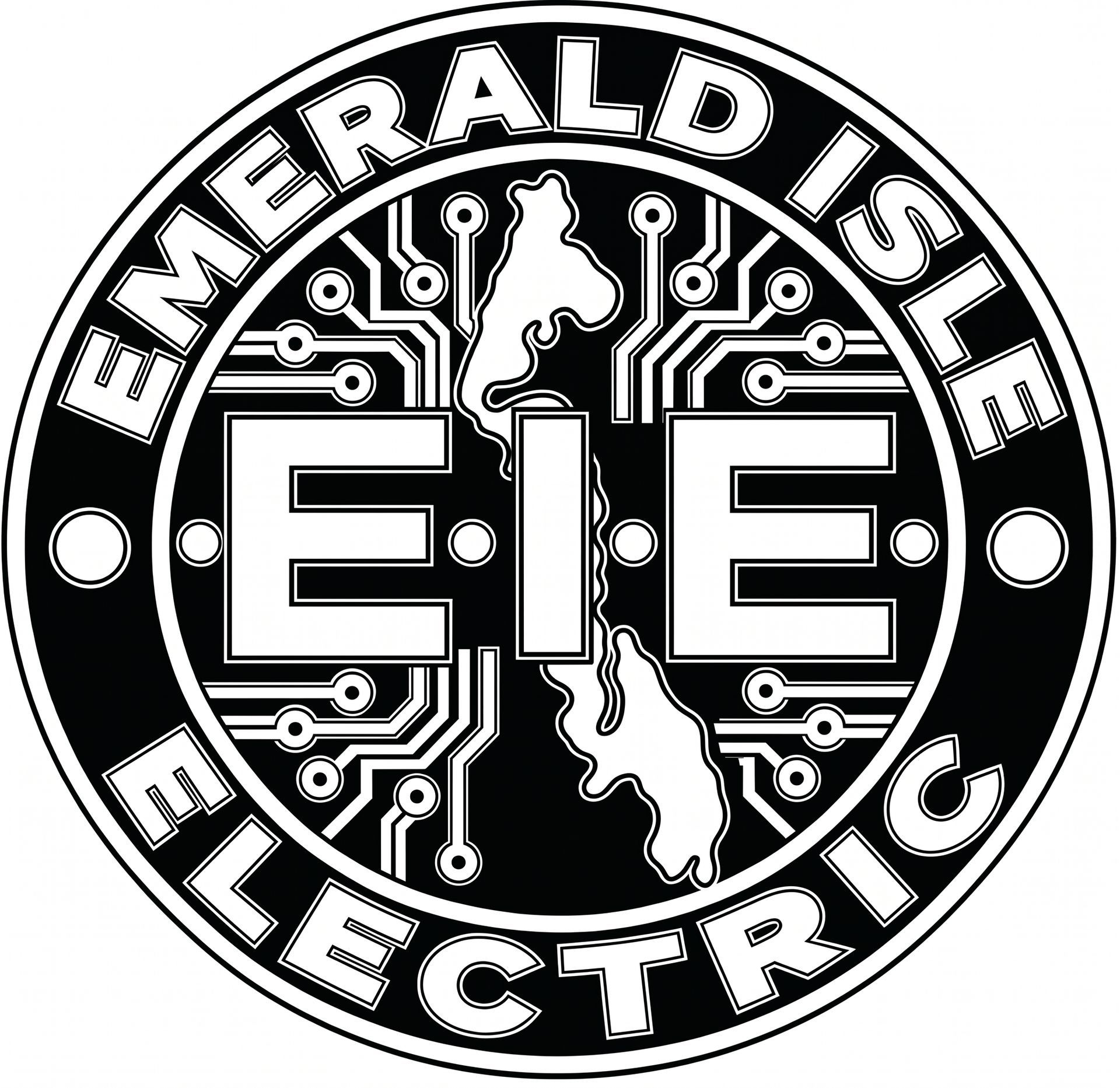 Emerald Isle Electric circular logo with black background, silver lettering, and yellow lightning bolts