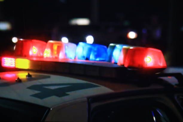 A police car with a light on top of it is parked on the side of the road at night.