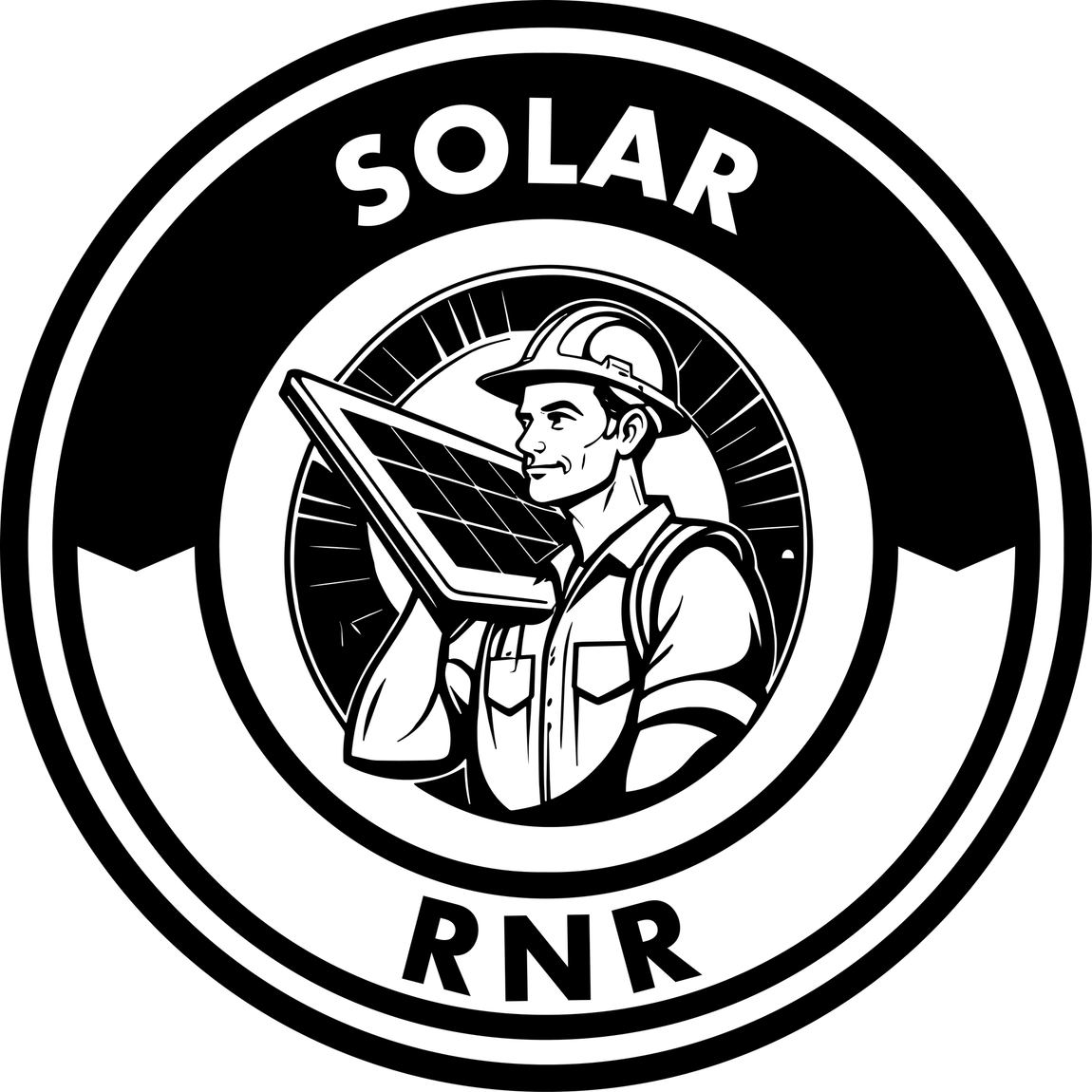 Black and white logo: worker holding a solar panel, 