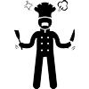 Angry chef with spatula and knife, steam, stars.