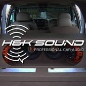 Car trunk-mounted subwoofer box with large &ldquo;HexSound&rdquo; and &ldquo;Professional Car Audio&rdquo; branding, viewed from the rear.