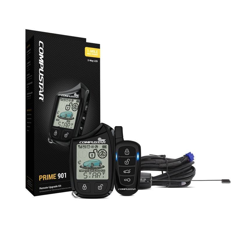 Compustar Prime 901 remote car starter kit with two black remotes, antenna, and box on white background