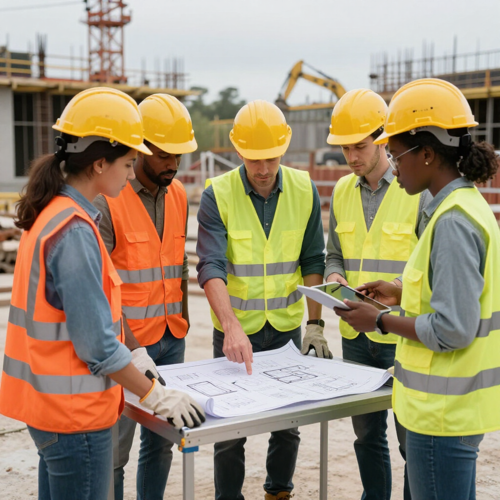 Operai edili con elmetti di sicurezza esaminano i progetti in un cantiere all'aperto.