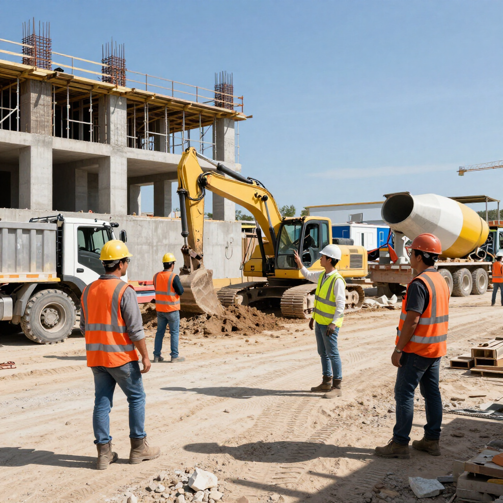 Operai edili e escavatore in un cantiere con un'autobetoniera.