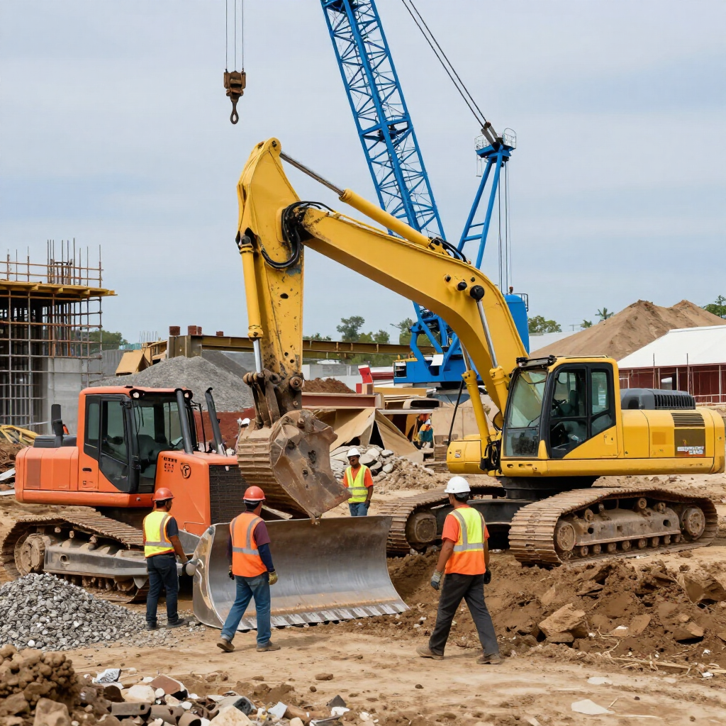 Operai edili guidano un escavatore in un cantiere fangoso, con gru e camion sullo sfondo.