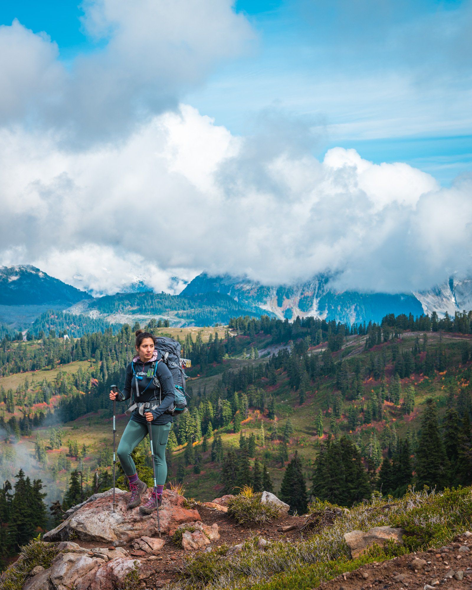 elfin lakes trail and female backpacker