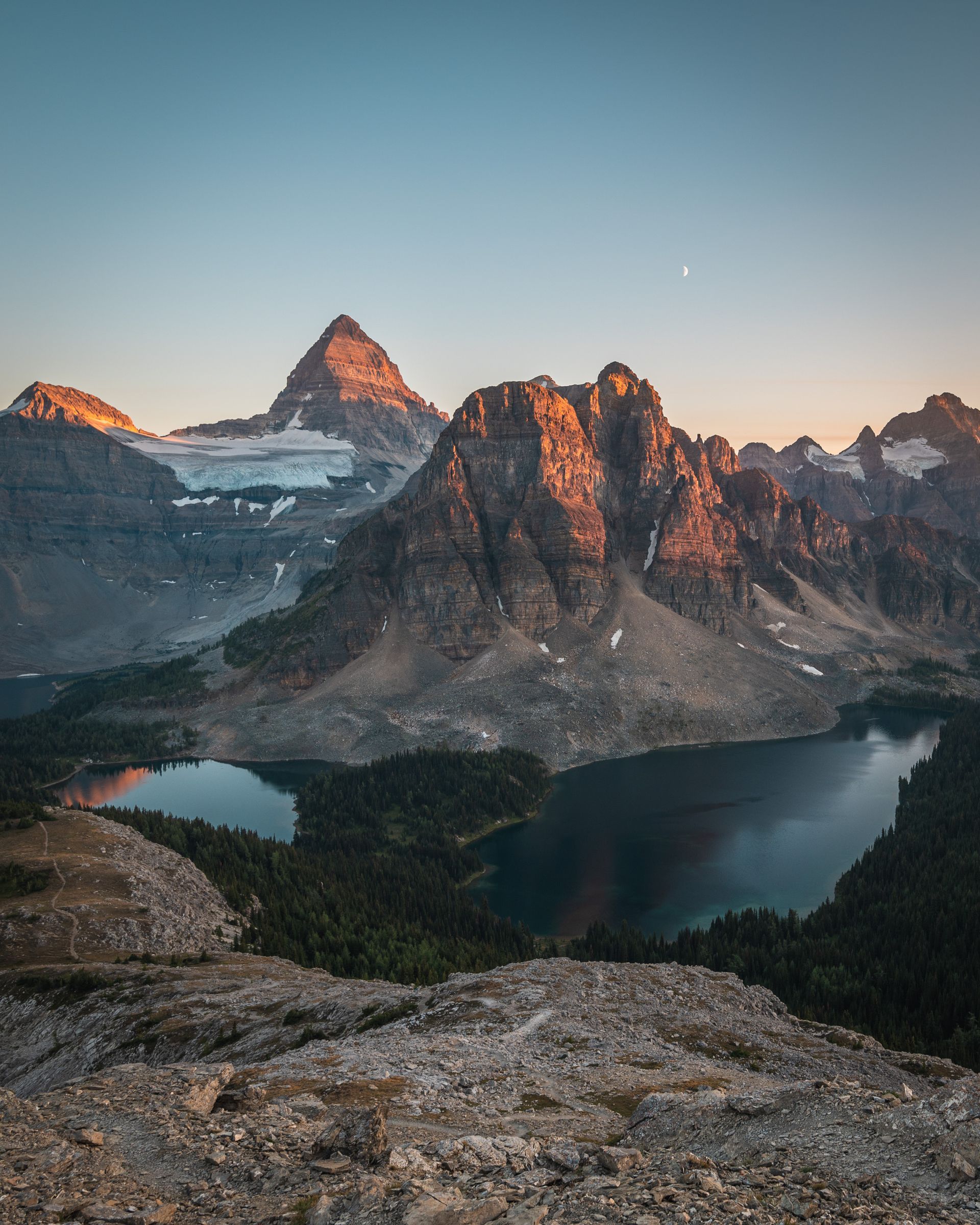 Sunset over Sunburst and Cerulean lakes In mount Assiniboine park British Columbia