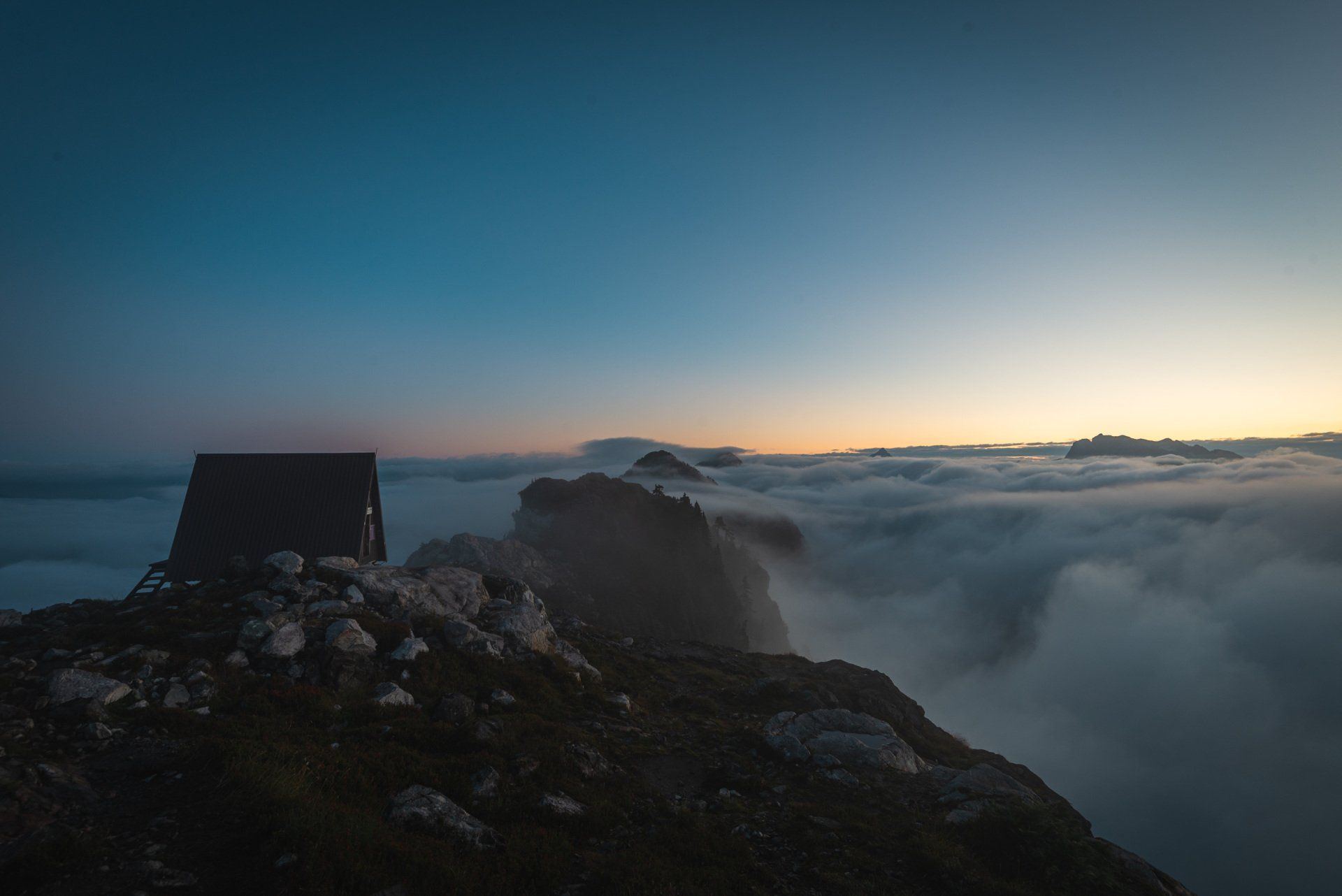 View from of the emergency shelter on the Panorama Ridge at Golden Ears mountain, BC, Canada