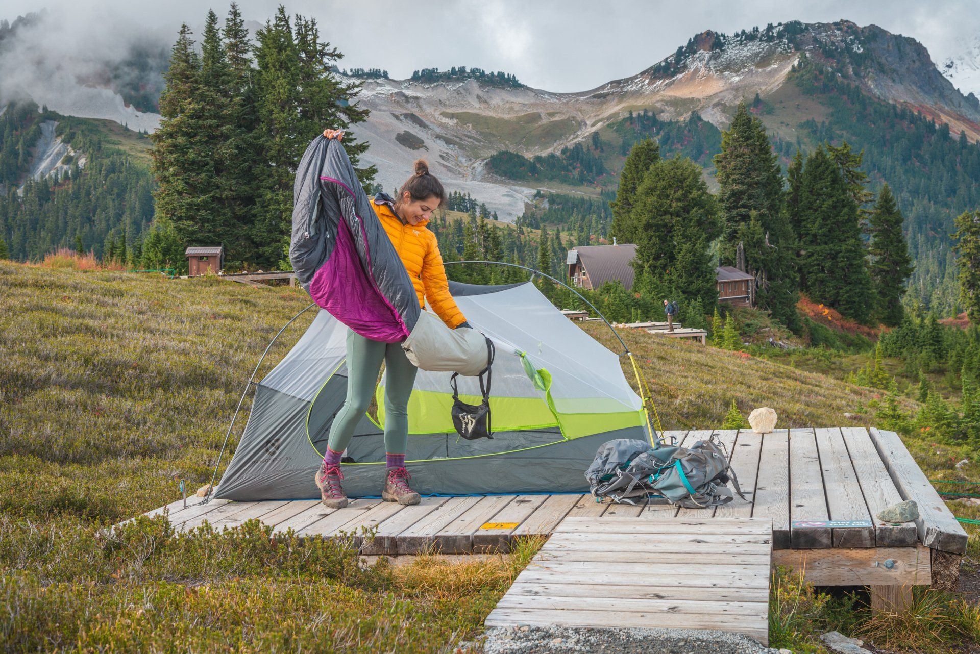 At Elfin lakes campground taking my Delphinus -9C Down Sleeping Bag - Women's out of the Sea-to-summit E-vent compression sack