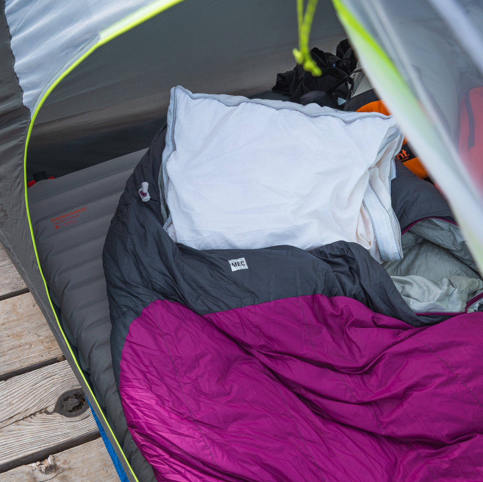 my sleeping system for backpacking - XTherm sleeping pad, MEC Delphinus sleeping bag and a down pillow