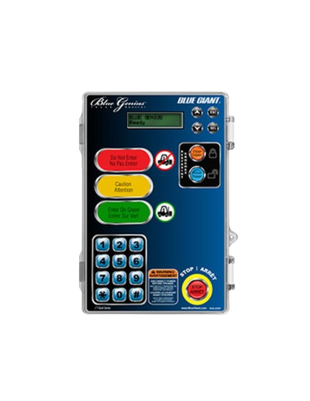 Panel de control Blue Genius Brain Giant con botones, teclado y pantalla.