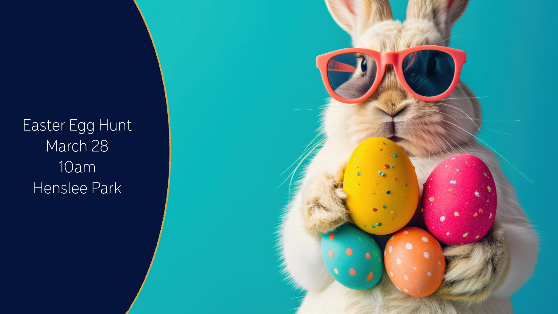 Rabbit in red sunglasses holding colorful Easter eggs on a teal background with event text at left