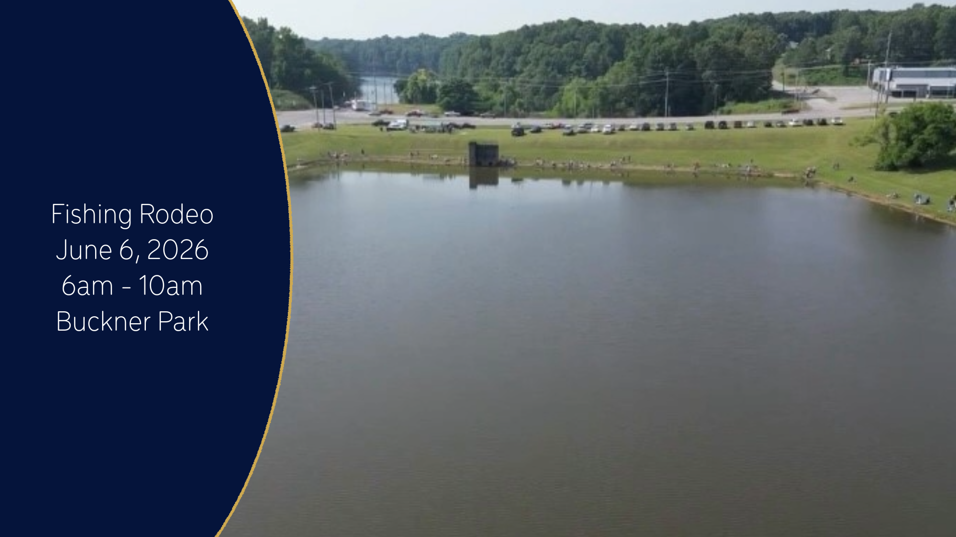 Fishing pond at Buckner Park with date and time text over a lake and grassy shoreline