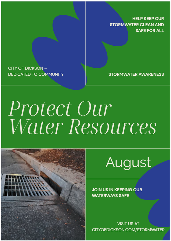“Protect Our Water Resources” with a storm drain photo and “August” text.
