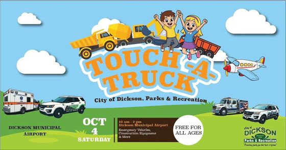 Touch-a-Truck event poster with cartoon trucks, kids, clouds, and date Oct 1 at Dickson County Fairgrounds
