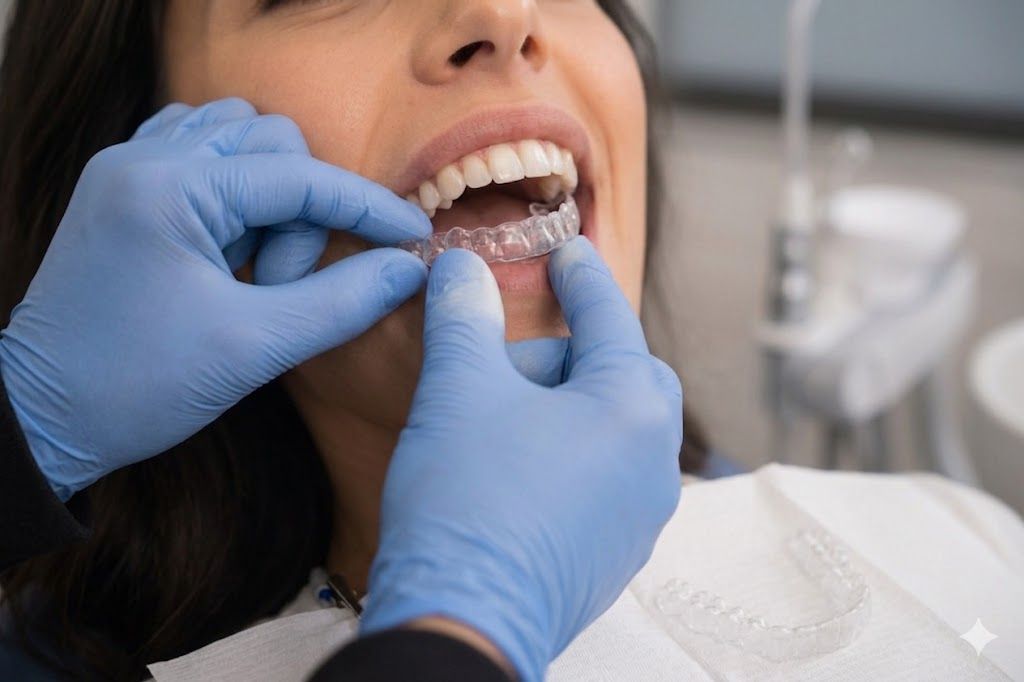 Dentist in blue gloves flossing a patient’s teeth during a dental checkup