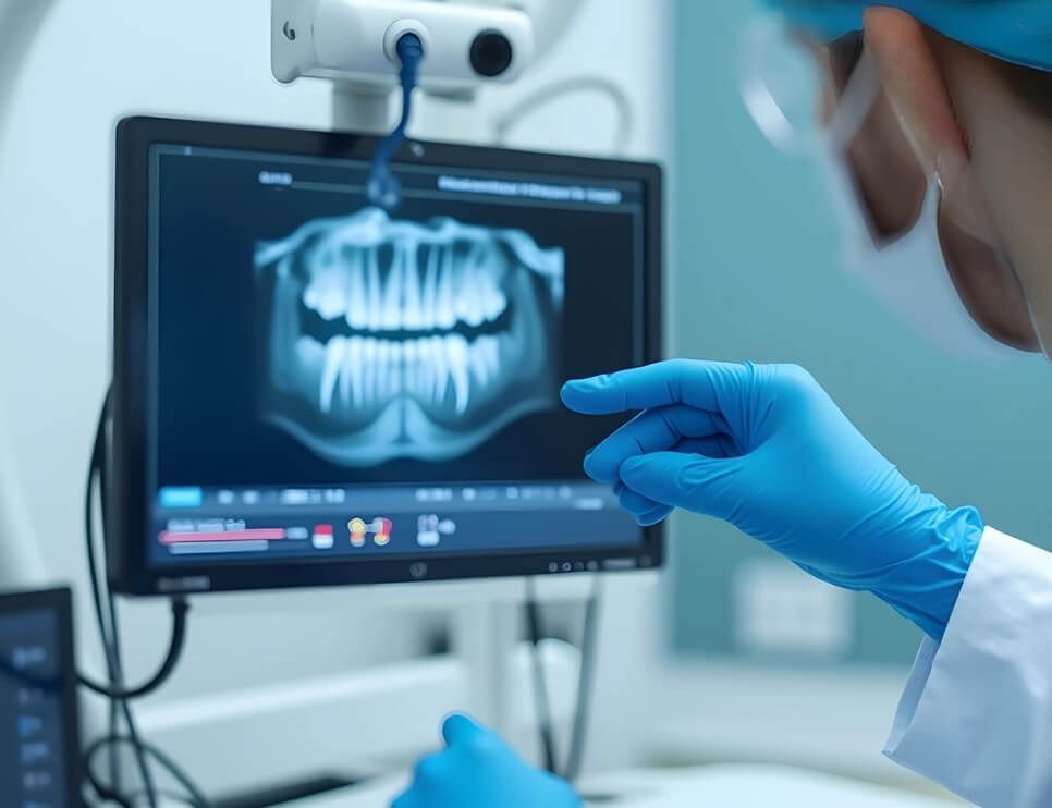 Dentist in blue gloves pointing at a dental X-ray on a clinic monitor