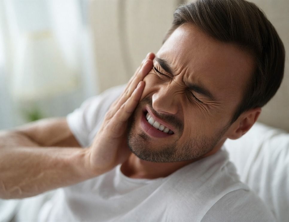 Man holding his cheek in pain while lying on a couch in a bright room