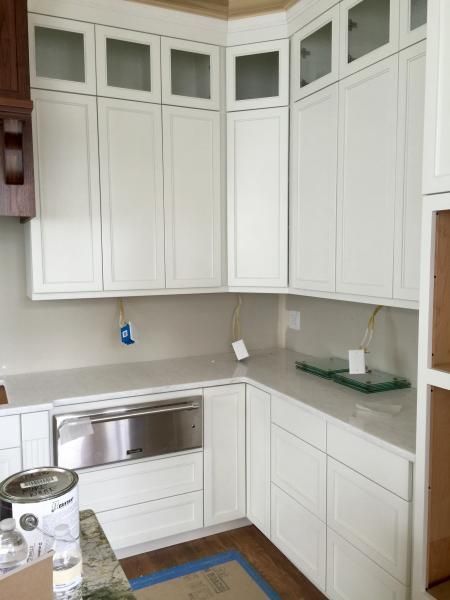 White kitchen cabinets with glass-front uppers, stainless steel dishwasher, and light-colored countertops.