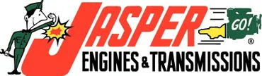 Logo for Jasper Engines & Transmissions, featuring a cartoon mechanic character, red text, and a green engine icon.