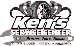 Logo for Ken's Service Center featuring a tire, two pistons, and a wrench with text for repairs, tires, and towing.